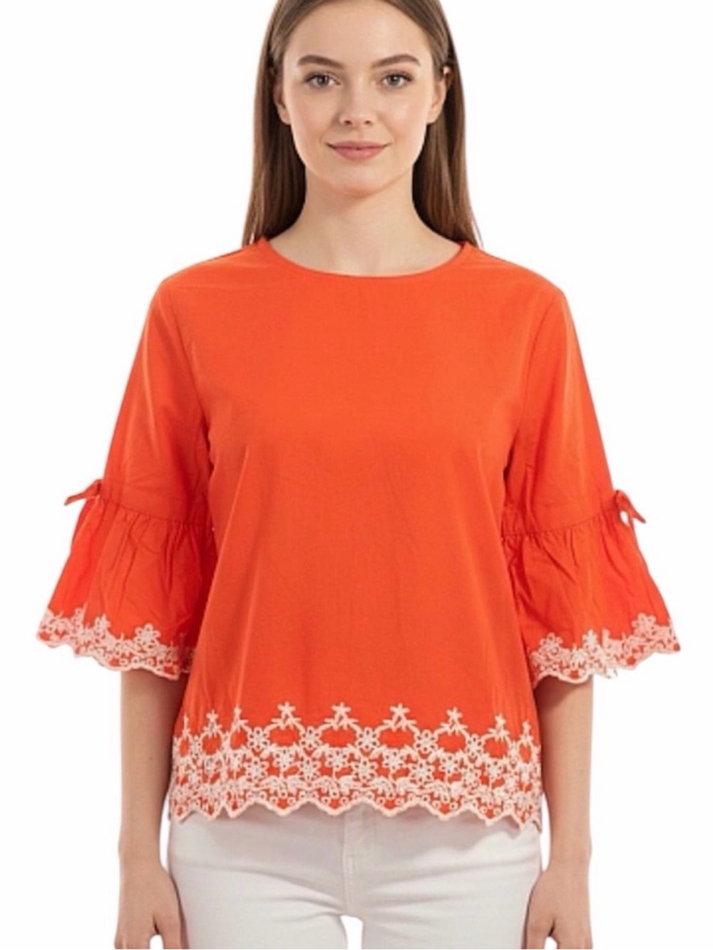 Primark Orange Embroidered Bell-Sleeve Top